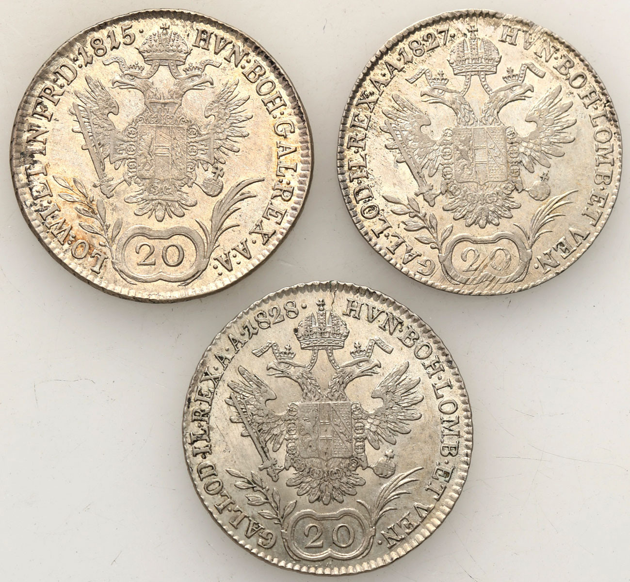 Austria, Franciszek II. 20 krajcarów 1815, 1827, 1828 A, Wiedeń, zestaw 3 monet